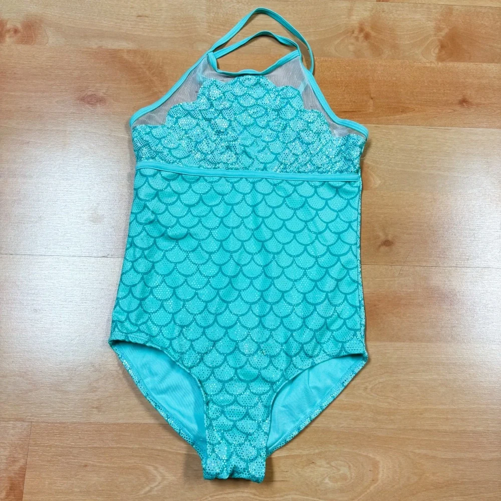 Justice Turquoise & Silver Mermaid Scale One Piece Swimsuit Girls Size 12